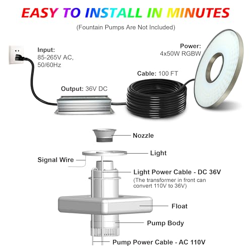Goldlife Pond Fountain Aerator Lights, 200W RGBW 20000LM 160LED Fountain Light With 100FT Power Cord, IP68 Waterproof Stainless Steel Wireless Sync Control Floating Fountains Pump Light for Lake Ponds