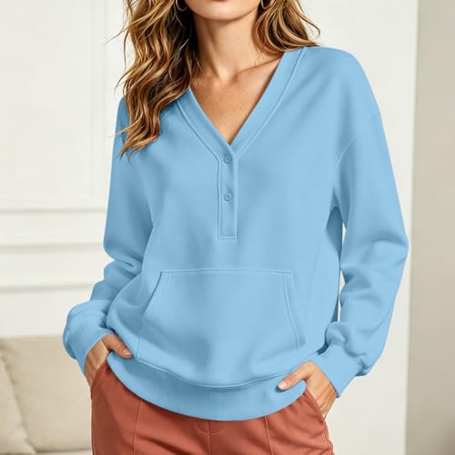 VXRDJU Sweatshirt for Women Trendy Button V Neck Tops Long Sleeve Shirts — view 5