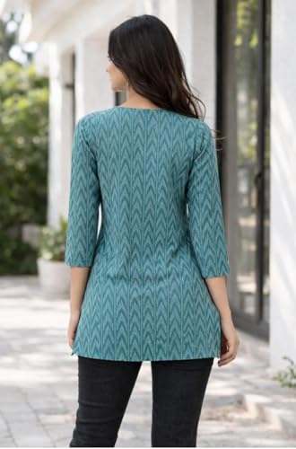 Image of Women Ikat Print Short Kurti Top,Cotton Blend Casual Ethnic Kurta for Women, Stylish Office Kurti Tunic,Lightweight Printed Short Kurti Kurti for V Nack Kurti