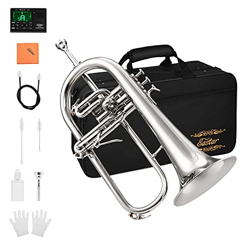 Eastar Bb Flat Flugelhorn Nickel Brass Instrument with Carrying Case Tuner Mouthpiece White Gloves Valve Oil Cleaning Kit, EFH-380N