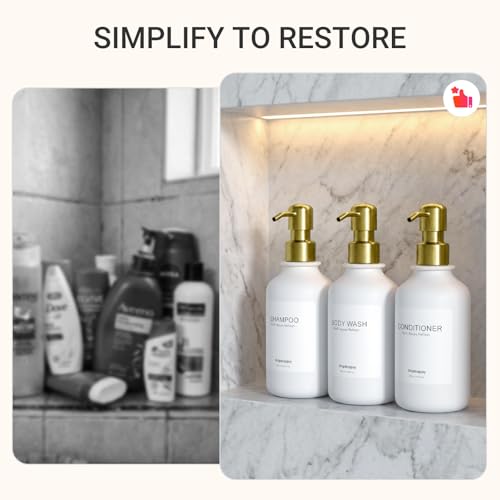 Modern Shampoo and Conditioner Dispenser Set of 3, 17oz Refillable Shower Soap Bottles with Stainless Steel Pumps & Waterproof Labels for Shampoo, Conditioner & Body Wash, Boutique Bathroom Decor - image 2
