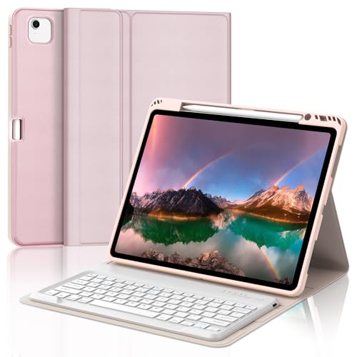 Funda protectora delgada rosa claro con teclado español Ñ Bluetooth para iPad Pro 12.9 M2 M3