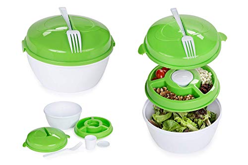 All In One Salad To-Go Container - Portable & Airtight Canister With Dressing Compartment, Multiple Top Storage & Attachable Fork (2) #TOP2