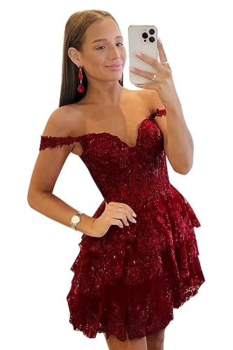 HyFowerDW Lace Applique Homecoming Dresses 2023 Off Shoulder Sweetheart Tiered Short Prom Cocktail Graduation