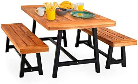 PHI VILLA Outdoor Dining Table and Bench Set Patio Wood Table and Bench Set for 6, 1 x Acacia Wood Dining Table & 2 x Benches, Patio Wooden Dining Set for Porch, Yard, Deck