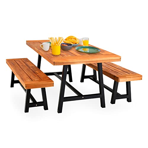 Phi Villa Outdoor Dining Table And Bench Set Patio Wood Table And Bench Set For 6, 1 X Acacia Wood Dining Table & 2 X Benches, Patio Wooden Dining Set For Porch, Yard, Deck #TOP2
