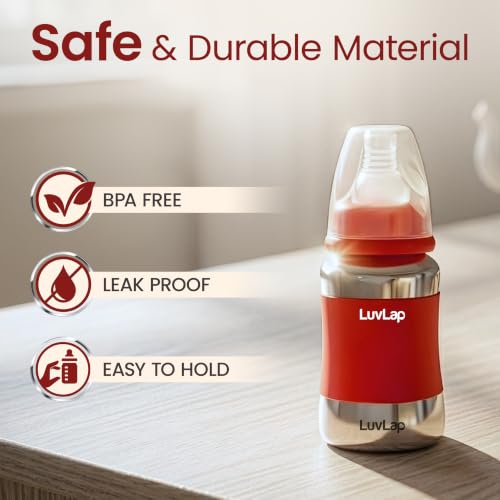 Image of LuvLap Baby Steel Feeding Bottle 140ml, Made of SS304 Rust Free Steel, Baby Milk /Water Bottle with Dust Cover, Heat Protective Silicone Cover, BPA Free, Odour Free, Leak Proof, Red, 0M+