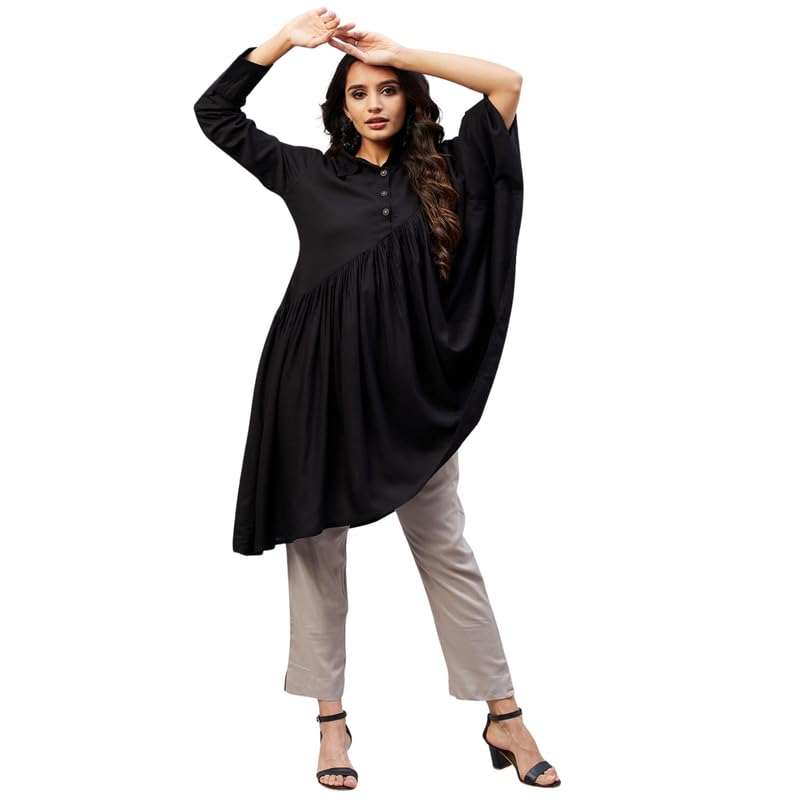Image of Aaheli Women's Shirt and Trousers Co-Ord Set | Asymmetric Long Shirt with Full Sleeves & Solid Pants | Casual Office Wear Outfit | Olive
