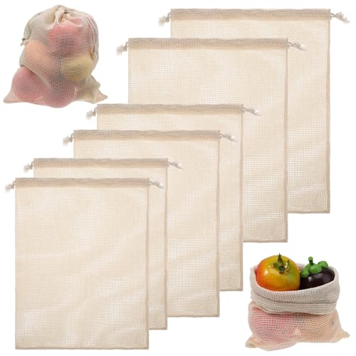 TIESOME 6 Stück Obstnetz Baumwolle Einkaufsnetz, Wiederverwendbare Netztasche mit Kordelzug, Gemüsebeutel für Aufbewahrung von Obst und Gemüse, Waschbar, Beige (3 Größen)