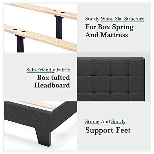 Hoomic Full Size Upholstered Panel Bed With Adjustable Headboard, Full Bed Frame For Box Spring, Easy Assembly, Grey Fabric #TOP5