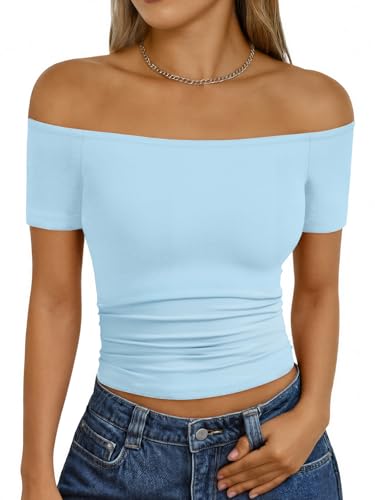 Trendy Queen Summer Off The Shoulder Tops for Women Going Out Short Sleeve Shirts Cute Y2K Sexy Basic Clothes 2026 Fashion Baby Blue M