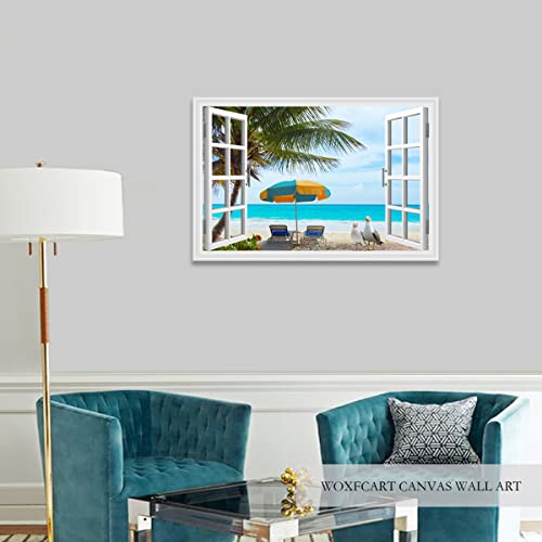 Window Beach Pictures Wall Art Palm Tree Seagull Bird Fake Window View Ocean Landscape Canvas Print With Framed For Home Decor 36X24 #TOP4