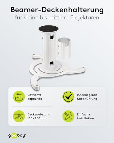 goobay Beamer-Deckenhalterung Universal, bis 10 kg, Lochabstand 130–320 mm, neigbar, 360° drehbar, Weiß – 51896