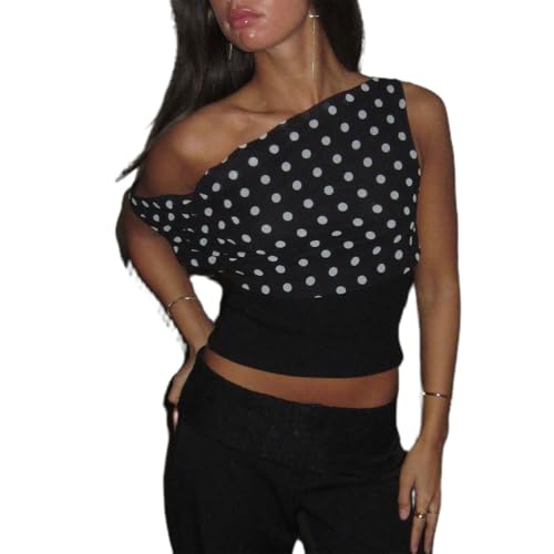 Women Y2k Off Shoulder Tops Sleeveless Tie Back Polka Dot Floral Print Slim Fit Going Out Tank Crop Tops Streetwear(Black,S)