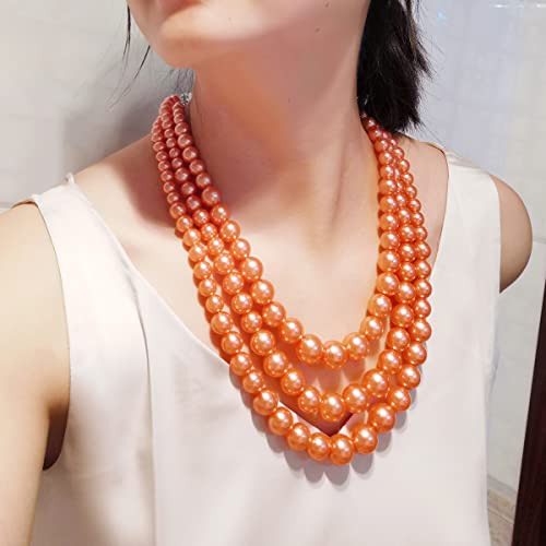 We We Three Layers Faux Pearl Necklace for Women Multi strand Pearl Necklace Earrings Set 1920s Pearl Costume Jewelry (orange pearl necklace set) by We We - Used condition - Image 2