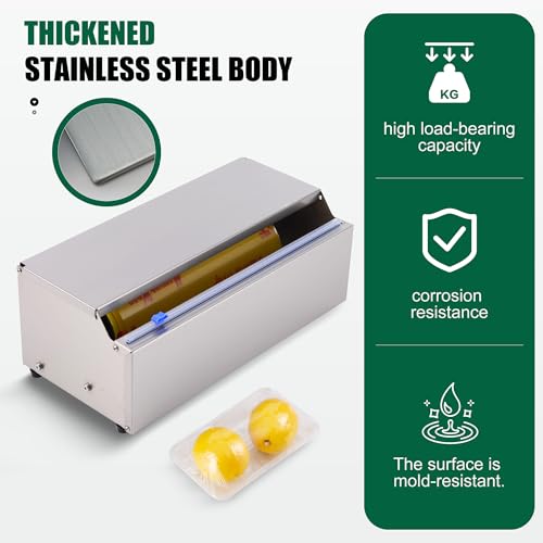 14 Inch Stainless Steel Plastic Food Wrap Dispenser, Cling Film Cutter with 4 Slide Blades for Home Kitchen, Meal Prep, Baking