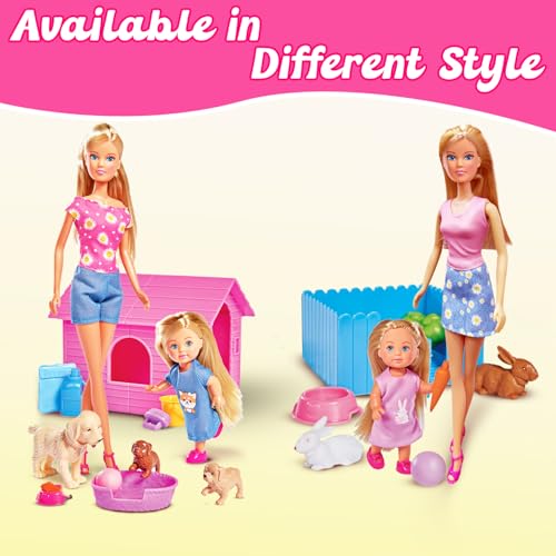 Image of Steffi & Evi Happy Animal Doll Set| Vibrant Pretend Play Dolls with Pets| Adorable Baby Doll with 16+ Baby & Animal Accessories| Ideal Gift for 3+ Year Girls (Rabbits)