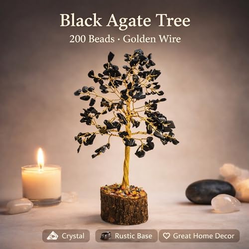 Image of REMEDYWALA Charged Energized Black Agate Crystal Tree for Reiki Healing,Tree Showpiece for Good Luck Home Decor, Black Agate Tree 200 Beads