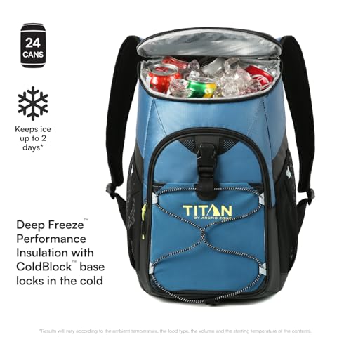 Image of Titan by Arctic Zone 24 Can Backpack Cooler, Leak Proof | Insulated soft sided bag with leak proof lining and adjustable straps, breathable mesh panels, for lunch, picnic, travel
