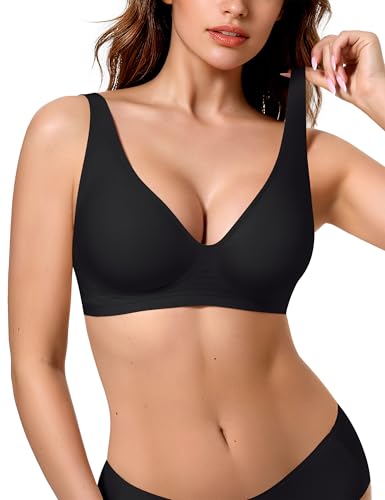 EUYZOU Womens Wireless Jelly Bras Comfortable Deep V Supportive No Underwire Bras T-Shirt Push Up Seamless Everyday Bra, Black XL