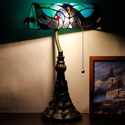 Rhlamps Banker Lamp Tiffany Desk Lamp Victorian Style Green Stained Glass Table Lamp, 15" Tall Luxury Memory Adjustable Piano Lamp, Small Accent Lamp For Living Room Bedroom #TOP7