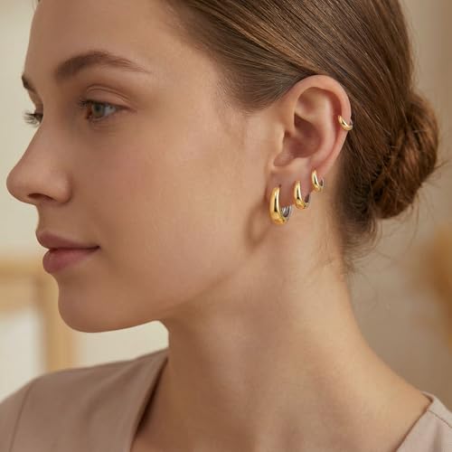 Image of Two Tone Gold Chunky Huggie Hoop Earrings Set for Women Men Hypoallergenic 14K Plated Stack Cartilage Earrings, Sterling Silver Multiple Piercing Lightweight Mini Thin Dainty Trendy Jewelry Gift