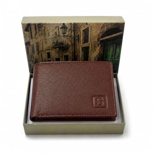 Image of SOVANO Genuine Leather Wallets for Man Original Bi Fold Slim Mens Wallets Design with RFID Protection ID Window Easy Access 6 Card Slots 2 Hidden Pockets Compact Gift for Men (Tan)
