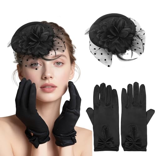 Raxfekro Chapeau bibi vintage années 20 50 pour femme - Plume noire - Avec voile en maille et fleur - Chapeau rétro pour cocktail, mariage, fête