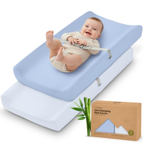 Image of 2-Pack Baby Changing Pad Cover for Girl, Boy, 34x18 (Blue Flax) | Soft Viscose Derived from Bamboo Baby Diaper Changing Table Pad Cover Sheets, Neutral, Snug Fit Nursery Diaper Change Sheets