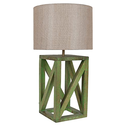 Image of tu casa Mango Wood Table Lamp with Satin Fabric Shade | Decorative Bedside Night Lamp for Bedroom & Living Room | Wooden Study Table & Nightstand Lamp for Home Decor & Gifting