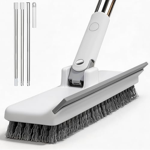 Image of Floor Scrub Brush with 55 inch Long Handle, 2-in-1 Floor Brush with Built-in Squeegee, Adjustable Angle Head and Stiff Bristles for Tile, Wood, Concrete & Textured Floor Cleaning