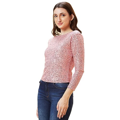 Image of Globus Women Pink Sequinned Stripes Embellished Boat Neck Party Top-3639518001