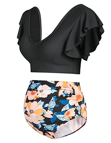 Maternity Bikini Flounces Sleeves + Elastic Briefs 2Pcs Swimsuits Black Flower Xxl #TOP2