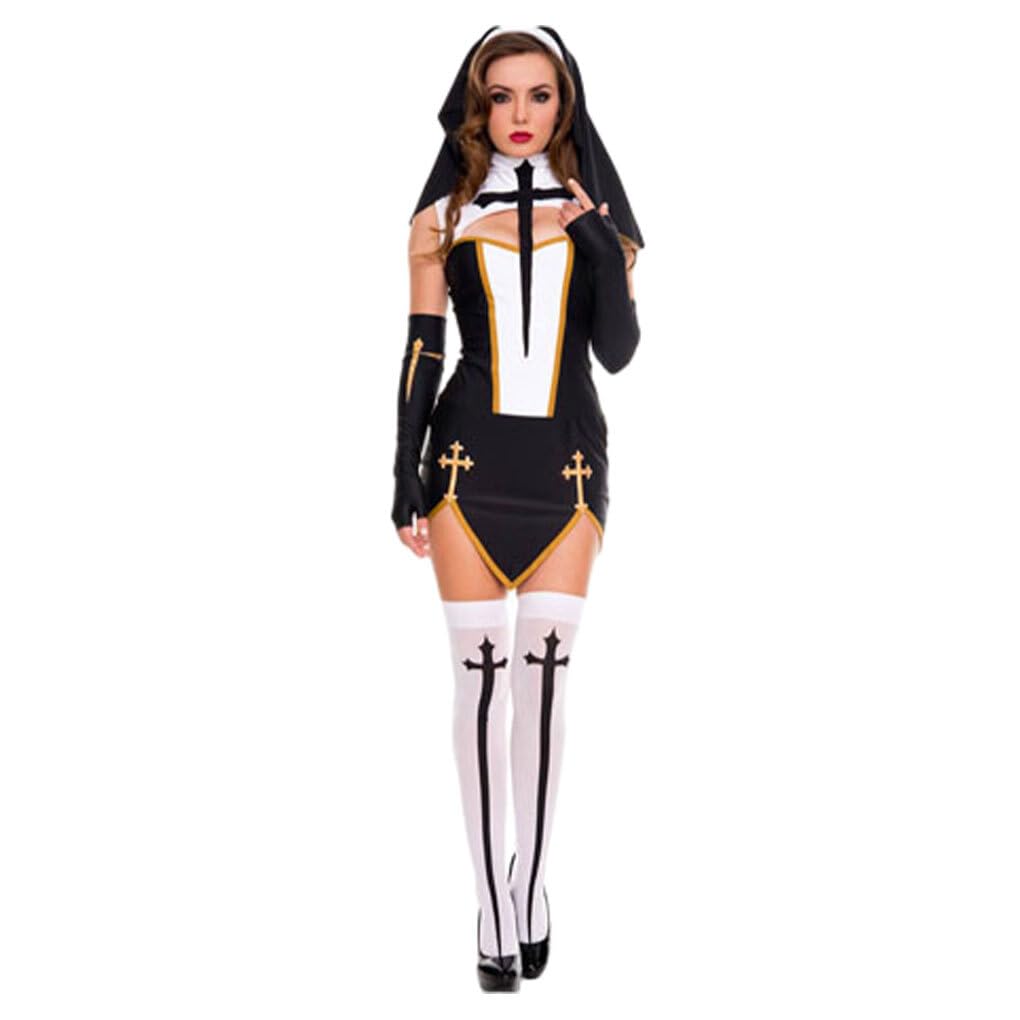 Women Halloween Nun Costume Polyester Materials Comfortable Fit Easy To Wear Gift Idea Halloween Nun Costume Set Sexy - Medium - black