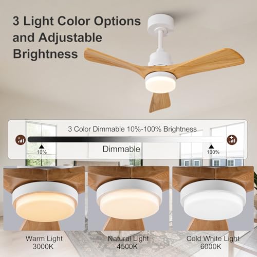 Image of 36 Inch Outdoor Ceiling Fans with Lights and Remote Control, Dimmable 3 Blades Wood Outdoor Ceiling Fans for Patios White Natural Wood Bedroom Ceiling Fan with Light, Wall Switch