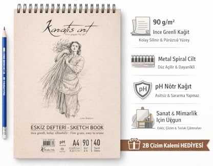 A4 Eskiz Defteri, İnce Grenli, Kolay Silinebilir pH Nötr Kağıt, Spiralli Sketch Book, 90 g/m², 40 Yaprak, Çizim ve Karakalem İçin - Görsel 5