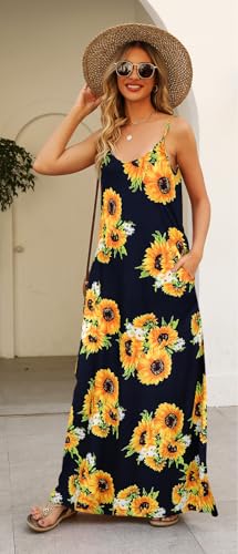 Image of Supnier Women's Summer Maxi Dress Casual V-Neck Sleeveless Bohemian Spaghetti Strap Floral Long Maxi Dress with Pockets