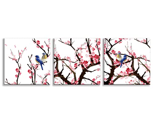 Nan Wind Traditional Chinese Bird Painting On Peach Trees Canvas Prints Set Of 3 Wood Framed 16X16 Inches Wall Art Plum Blossom Print #TOP1