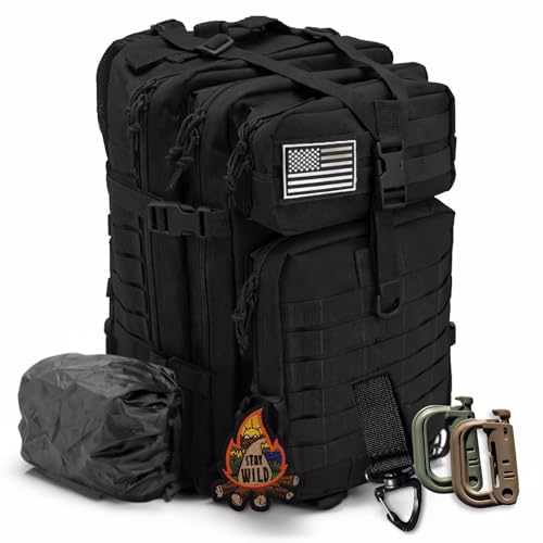 Mochila Táctica 45L Militar – Mochila Militar con accesorios incluidos, Gran Capacidad, mochila crossfit ideal para outdoor, senderismo y viaje. Pack con mosquetones, funda impermeable y parches.