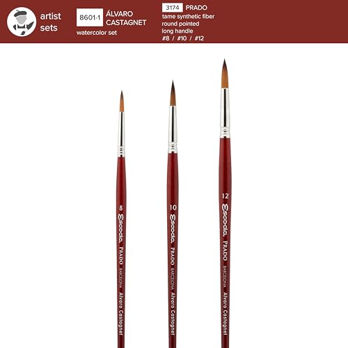 Image of Escoda | Watercolour | Artist Set Alvaro Castagnet 1 | Size 8,10,12 | 3 Brushes Long Handle | Synthetic tame | Round Pointed