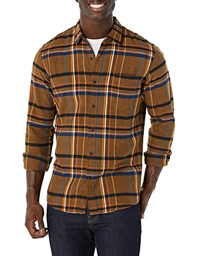 Amazon Essentials Men's Slim-Fit Long-Sleeve Flannel Shirt, Dark Brown Navy Stripe, Medium