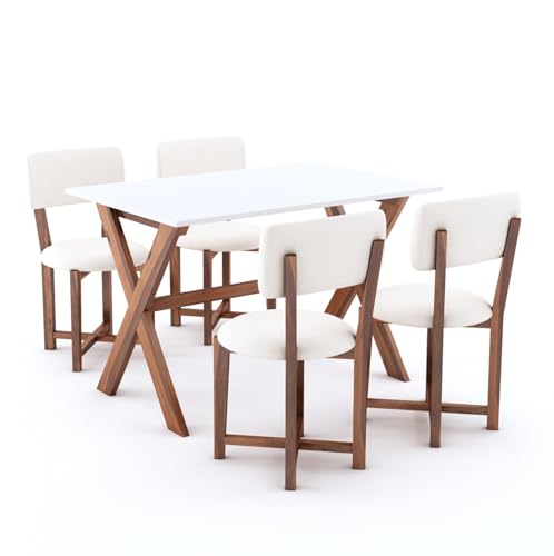Image of Sheesham Wood 45 inch Inch Dining Table 4 Seater | Marble Finish Four Seater Dinning Table Set with 4 Upholstered Dining Chairs | Table: Criss Cross Design | Chair: Premium Round Edge | Rosewood, Honey