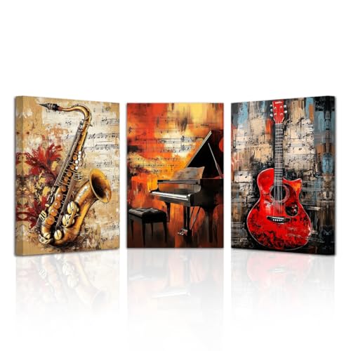 LZIMU Vintage Music Wall Art Music Studio Wall Decor Framed 3 Pieces Guitar Piano Saxophone Pictures Jazz Canvas Prints Musical Instruments Painting (20x28inchx3 Pieces)