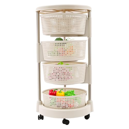 NoneDanGee Carrito universal multifuncional para cocina, 4 niveles, redondo, cesta de frutas, cesta de almacenamiento, estantería de cocina, estantería con cestas para cocina, baño, oficina (caqui)