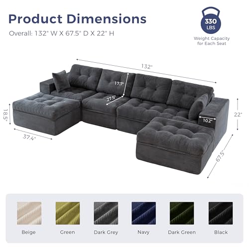 Image of MAXYOYO 132 inch U Shaped Modular Sectional Sofa with 2 Ottomans, Cloud Boneless Couch with Layered Cushion, Flexible Module Combination Sofa for Living Room, No Assembly Required, Dark Grey