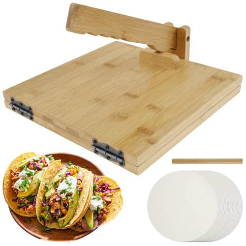 Bamboo Tortilla Press 10 Inch Manual Square Tortilla Maker with 1 Rolling Pin and 50 Oil-Proof Paper Rotatable Mexican Tortillera Dough Pressing Tool for Homemade Tortilla