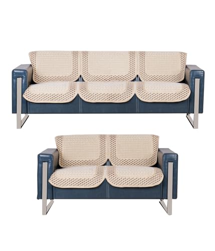 Image of Premium Chenille Woven Anti-Slip 3 Seater + 2 Seater Sofa Cover | L-Shape Sofa Seat Protector for Living Room | Durable & Stylish Slipcover - Beige-3D