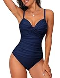 Hilor Women's Underwire One Piece Swimsuits Tummy Control Swimwear Vintage Ruched Twist Front Push Up Bathing Suits Monokini Navy 16