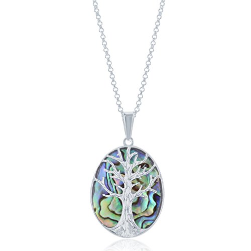 Sterling Silver Natural Turquoise, Abalone, Lapis, Mother-of-Pearl Stone Tree of Life Oval Pendant with 18