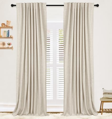 Image of 100% Blackout Shield Linen Blackout Curtains 102 inches Long 2 Panels Set, Back Tab/Rod Pocket Thermal Insulated Black Out Curtains for Bedroom/Living Room, 52" W x 102" L, Cream